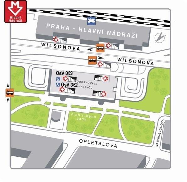 mapa da principal estação ferroviária de praga